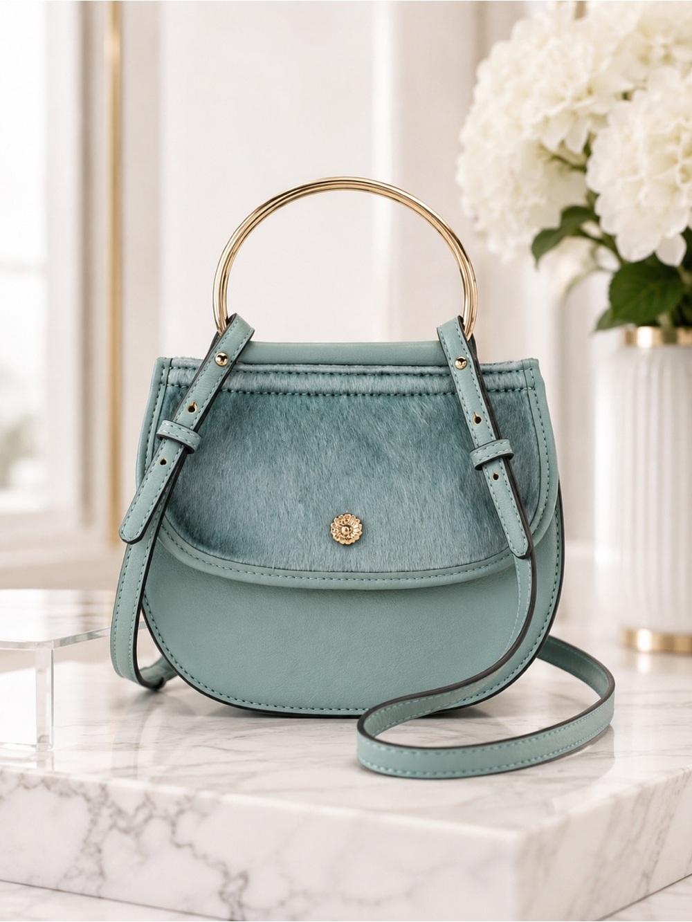 LC Lauren Conrad Shadow Blue Crossbody Bag Faux Fur Flap Ring Handle Boho NWT